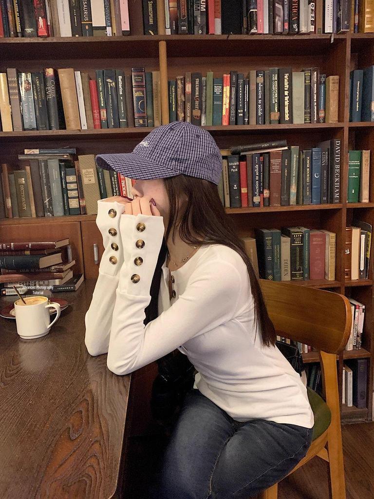 Women's Korean Style Henry Collar Button Long Sleeve Slim Fit T-shirt - Autumn/Winter Waist Cinched Sweet Spicy Girl Top