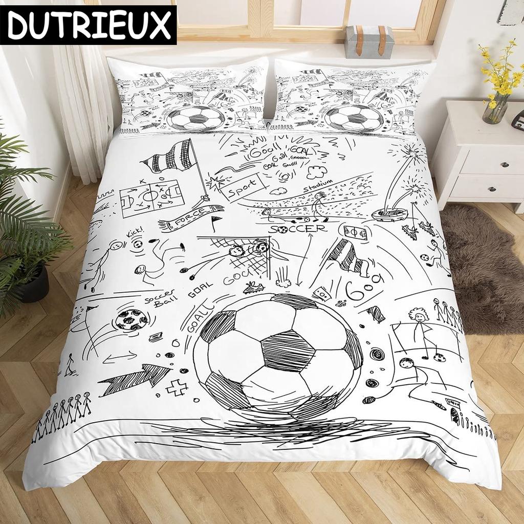 Soccer Duvet Cover Set King Queen Full Size Football Pattern Polyester Comforter Cover For Boys Teens Soccer Lover Bedding Set