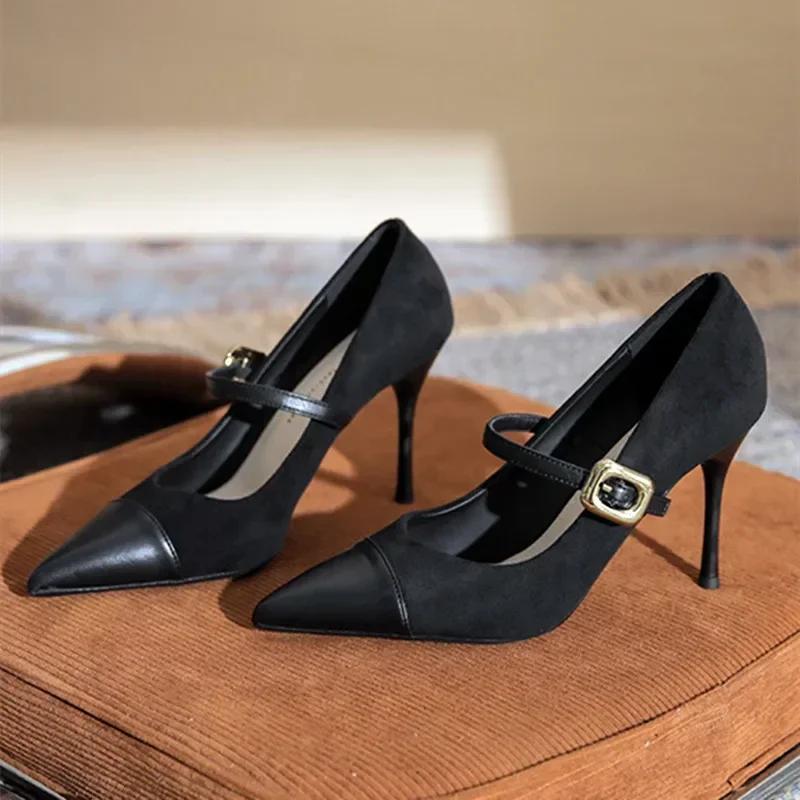 Fashion Sexy Pointed Toe Thin High Heels Women Leather Covered Toe Design Women Pumps Metal Belt Buckle Women's Elegant High Heel Shoes