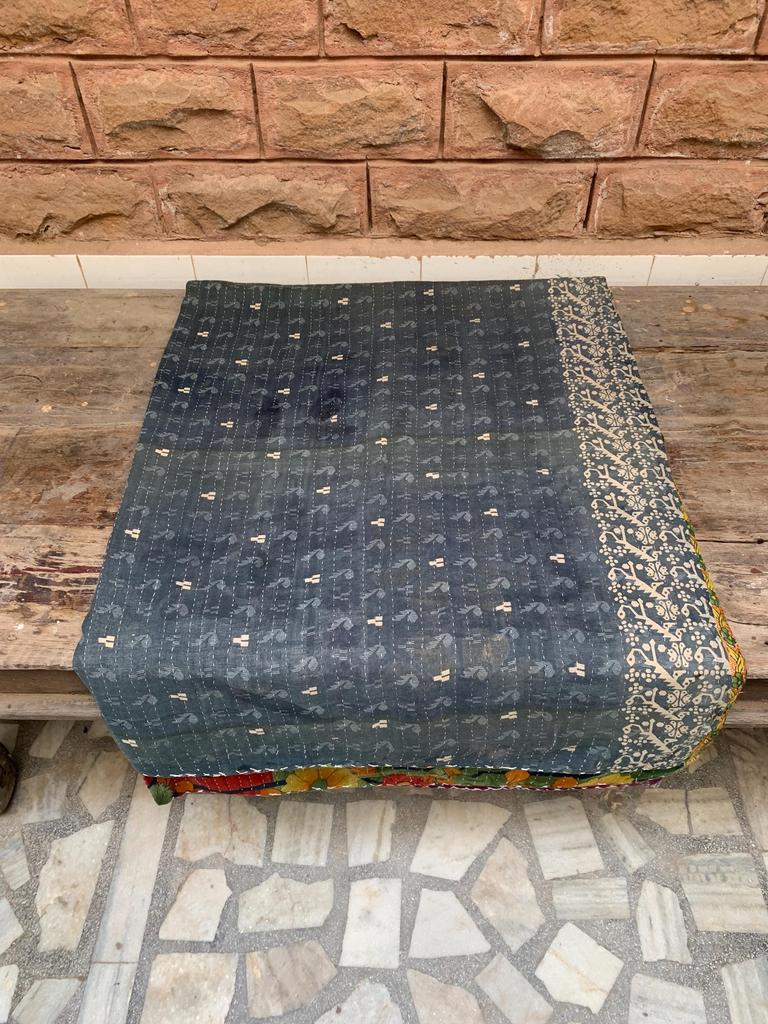 Handmade Kantha Quilt: Green Floral Vintage Sari Throw Blanket