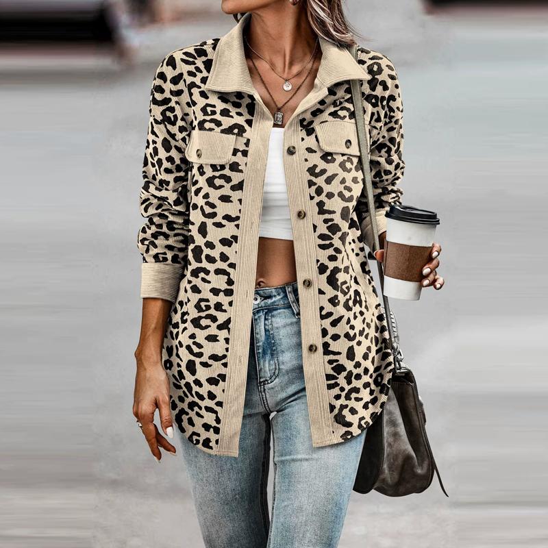 Flip Collar Cardigan Long Sleeved Leopard Printed Coat Women's Button Up High Street Fashion Autumn Jacket