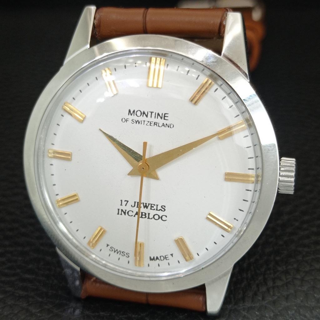 OROLOGIO DA UOMO SVIZZERO MONTINE VINTAGE A CARICA MANUALE QUADRANTE BIANCO RISTRUTTURATO a445196-1