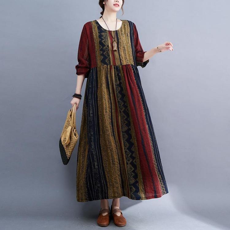 Summer Loose Cotton Linen Plus Size Dress Women Casual Long Short Sleeve Round Neck Printed Dress