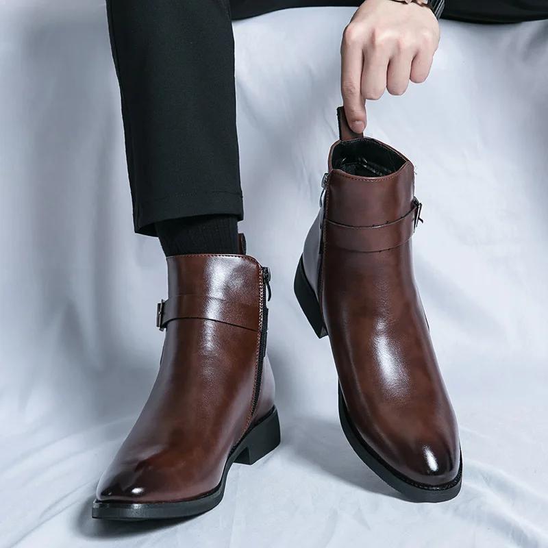 Fashion Chelsea Boots Men's Formal Leather Oxford Shoes Dress Boots Men's Side Zipper British Fashion High-tops Plus Size 38-47