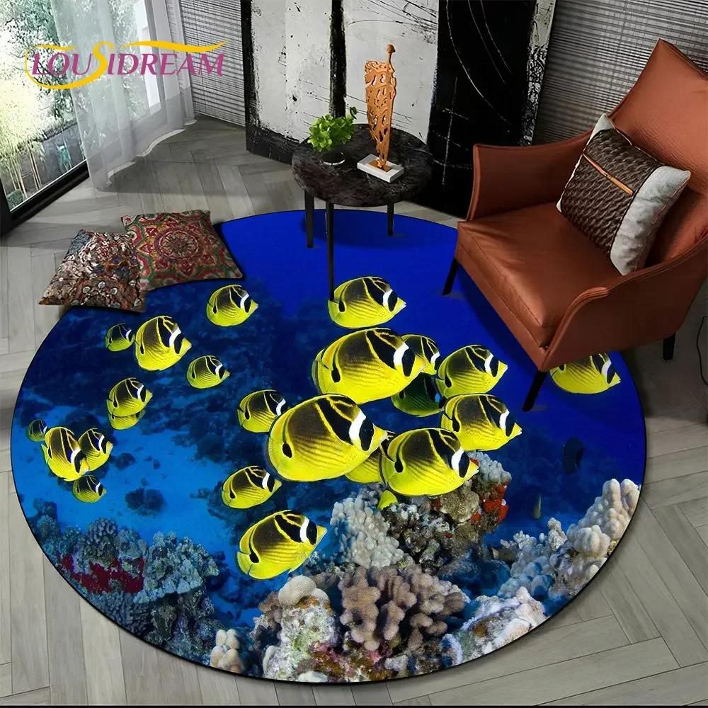 Unterwasserwelt Runder Bereichsteppich–Delfin & Schildkröte Ozean Teppich für Wohnzimmer oder Schlafzimmer–Rutschfeste Bodenmatte, Kinder Spielzimmer Deko