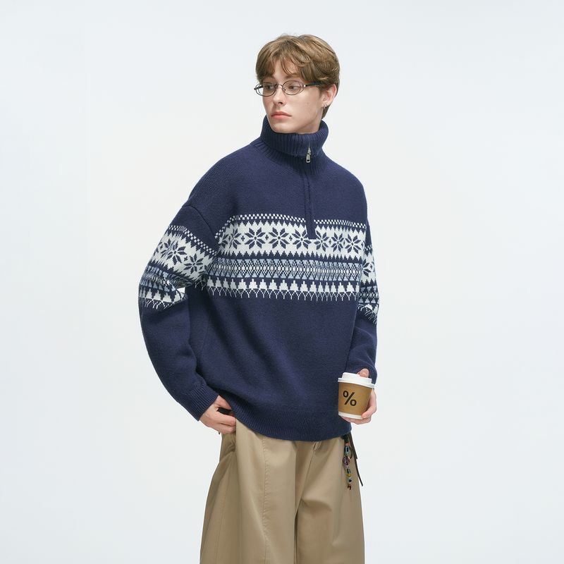 

Dream Made Half-Zip Fair Isle Jacquard Sweater for Men, Loose-Fitting Turtleneck Knitwear for Couples in Autumn Navy blue M