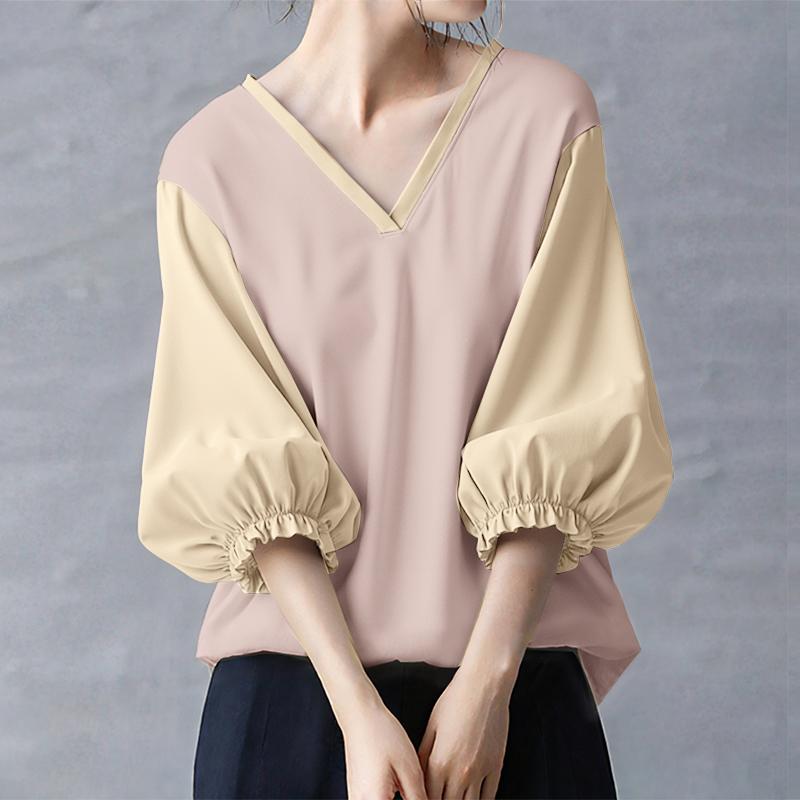 ZANZEA Women Casual V-Neck Splice 3/4 Sleeve Loose Blouse