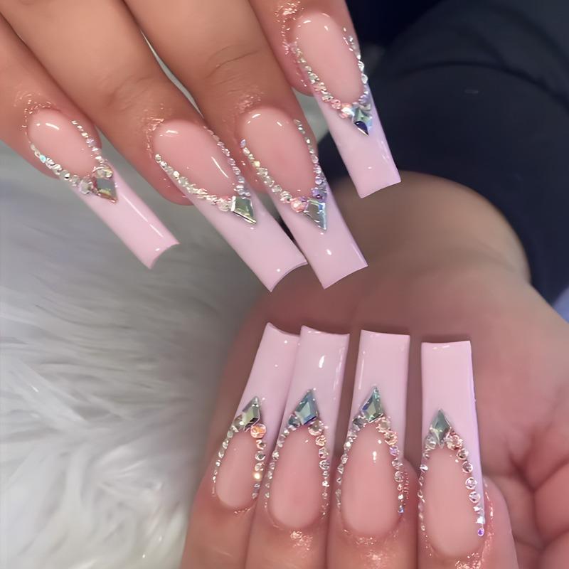 Cross-border European and American nail wear popular long light pink French nail art piece rhinestone flash Spice girls wear nail art