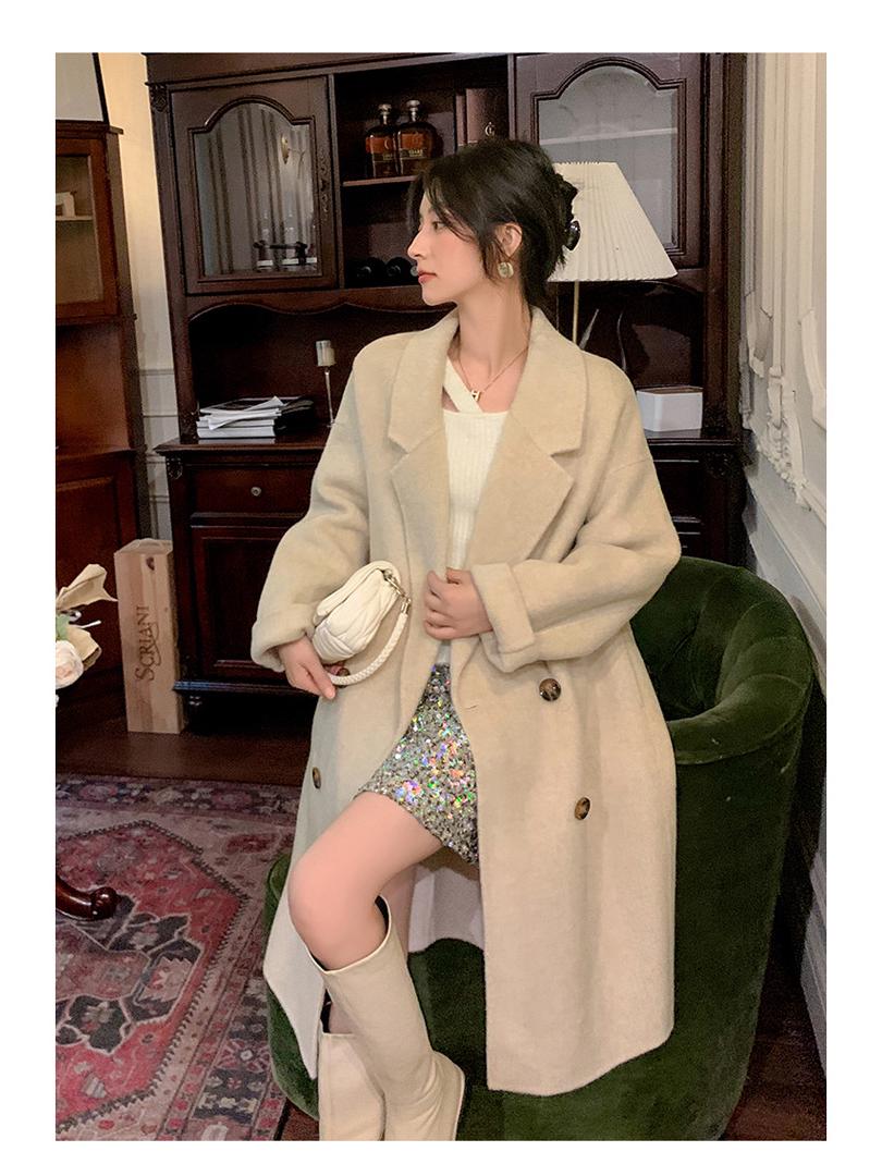 

Женское черное шерстяное пальто средней длины - Двубортное, Маленький размер, Осень/Зима, Корейский стиль высокого класса, Свободный крой S