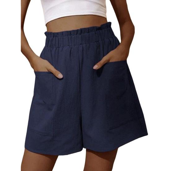 Women Shorts Elastic Knee Length Shirring Loose Side Pockets High Waist Straight Above Soft Solid