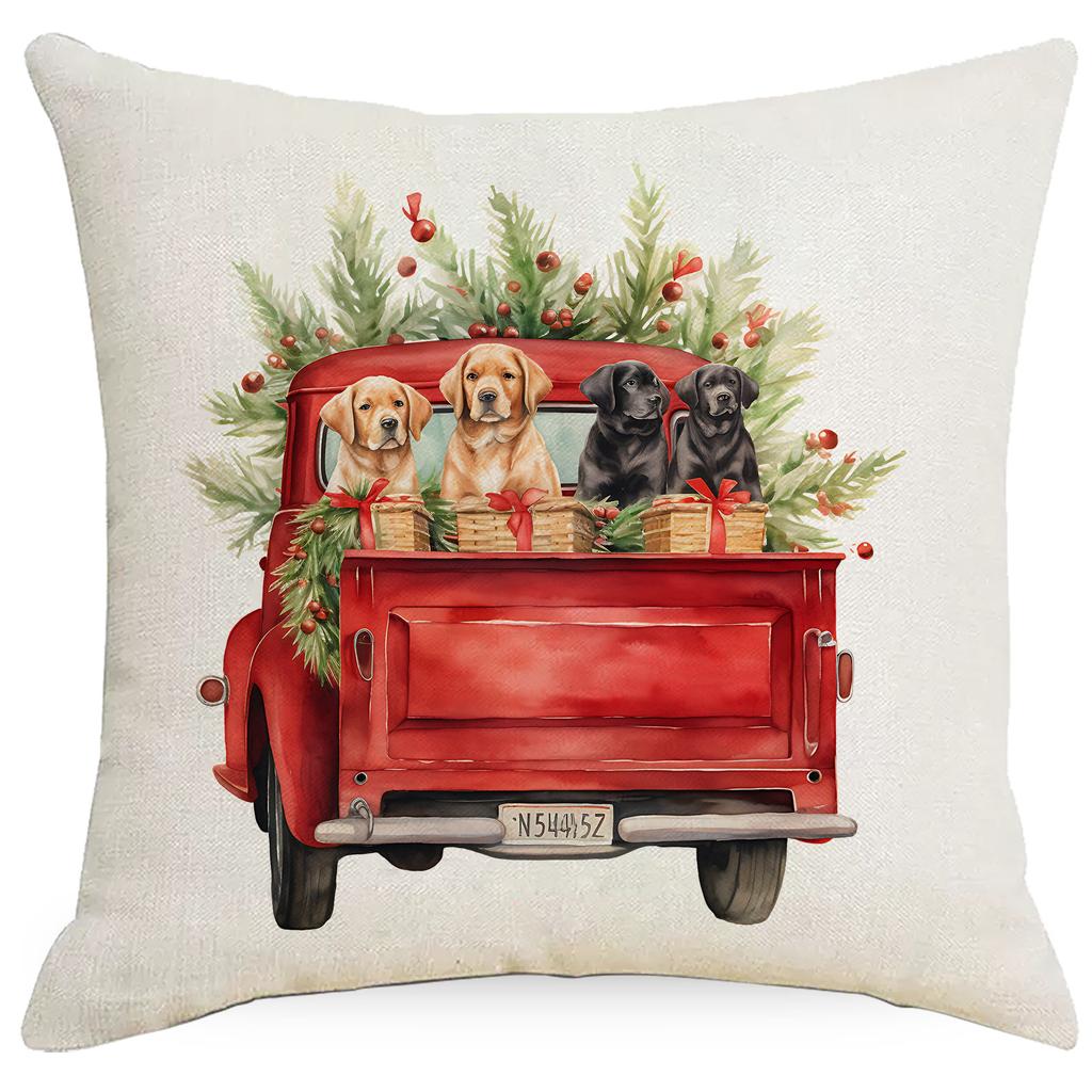 New Christmas Pillowcase Vintage Red Truck Cute Dog Christmas Tree Print Cushion Cover