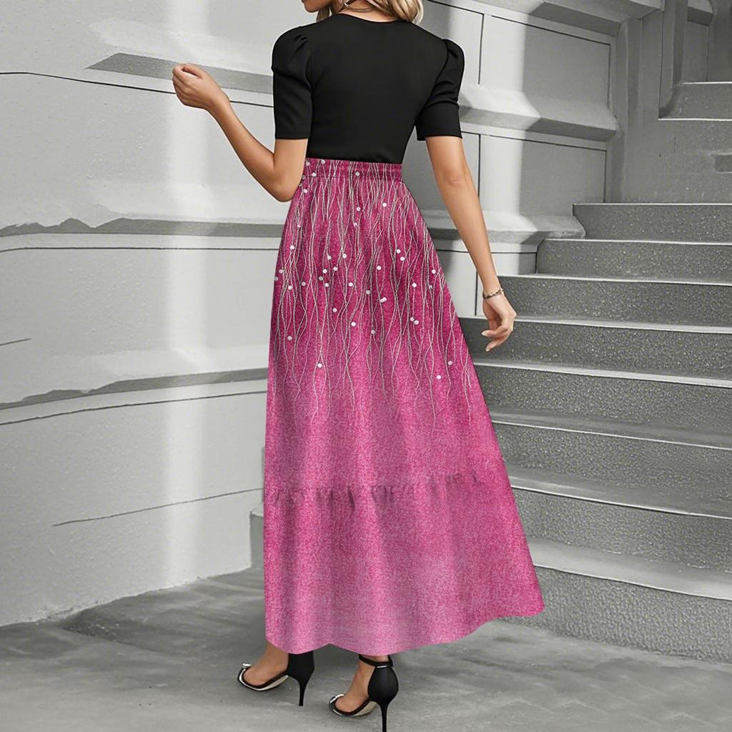 Women's Fashion Casual Belted Round Neck Short Sleeve Floral Patchwork Elegant Dresses