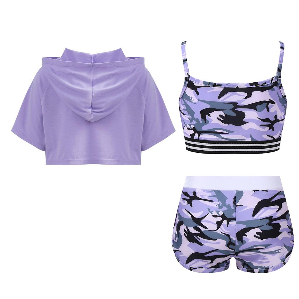 Kids Girls 3 Piece Dance Gymnastic Workout Outfit Short Sleeve Hooded with Crop Tank Top Shorts Sport Tracksuit