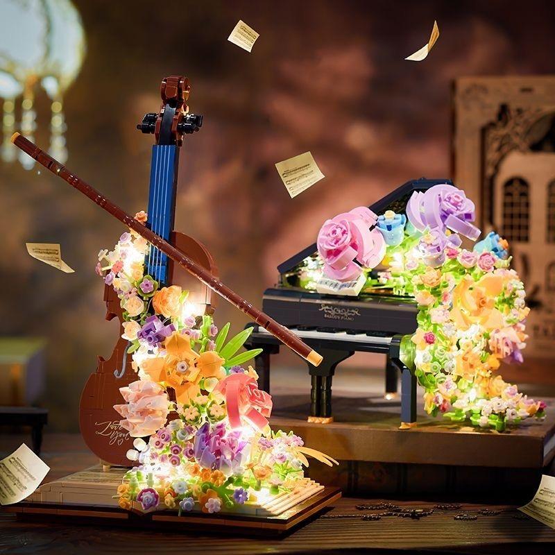 Preserved Flower Piano Violin Building Blocks Creative Musical Instrument Bouquet Waterfall Assemble Model Girl Holiday Gifts