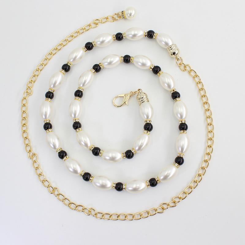 

Весенне-летнее женское простое платье, декоративный пояс на талию с юбкой-костюмом, персонализированная цепочка на талию с жемчугом, инкрустированная стразами чёрный