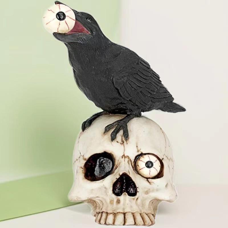 Halloween Crow Skull Glass Ornament for Yard Decor