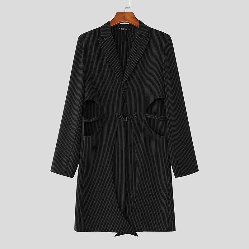 

INCERUN Men Lapel Neck Long Sleeve Front Cross Cutout Splits Striped Casual Long Blazer Coats S чёрный