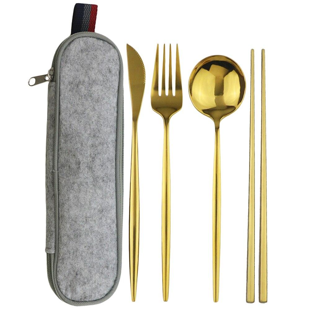 

Портативный дорожный набор столовых приборов из нержавеющей стали, набор столовых приборов в западном стиле, нож, вилка, ложка, палочки для еды с сумкой, офисный работник, переноска набора столовых приборов золотой