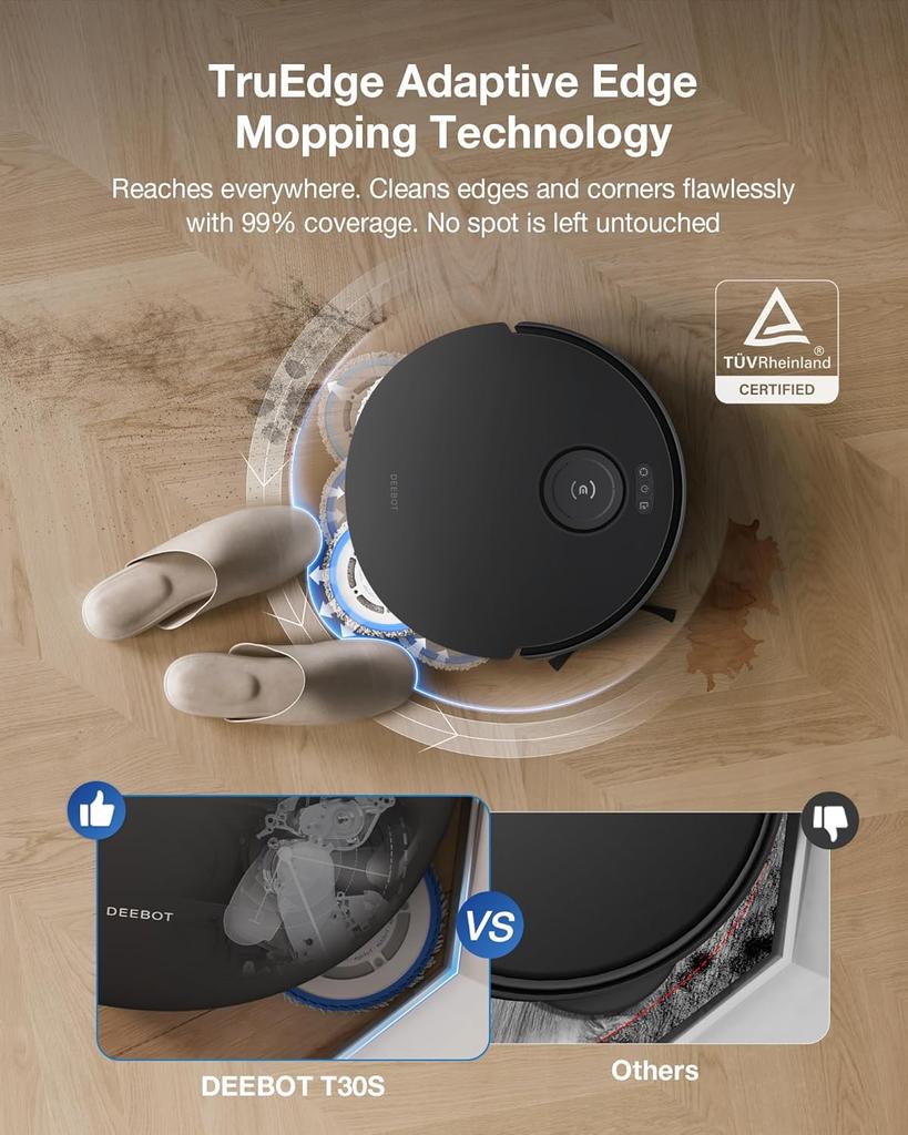ECOVACS Deebot T30S Pro Robot Vacuum Cleaner with Wiping Function, 11,000 Pa, ZeroTangle Technology, 70°C Hot Water Wiping When Washing