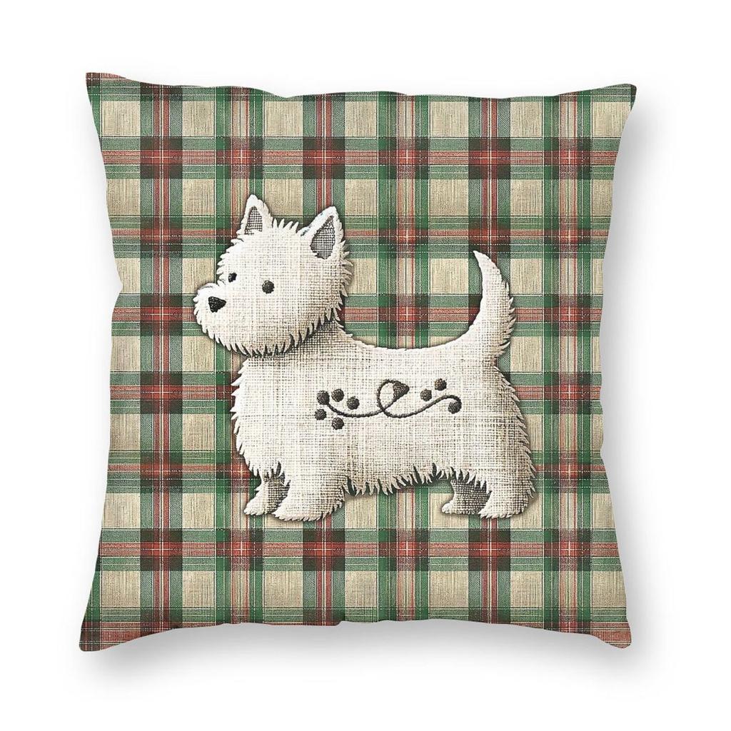 Tartan Stitched High Westie Square Pillowcase Polyester Linen Velvet Printed Zip Decorative Throw Pillow Case Sofa Cushion Cover