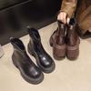 Skinny Back Zipper Booties Women's Autumn and Winter 2026 New Soft Leather Heightened Platform Retro Block Heel Shoes