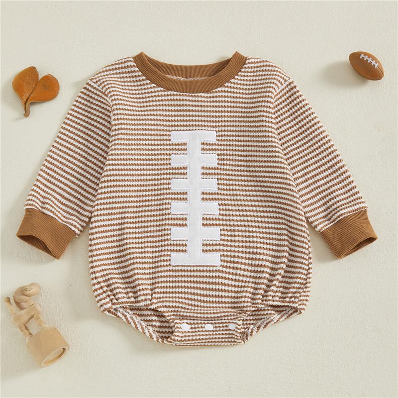 

Baby Fall Football Bubble Romper Long Sleeve Crew Neck Stripe Pattern Sweatshirt Jumpsuit for Boys and Girls 0-3M