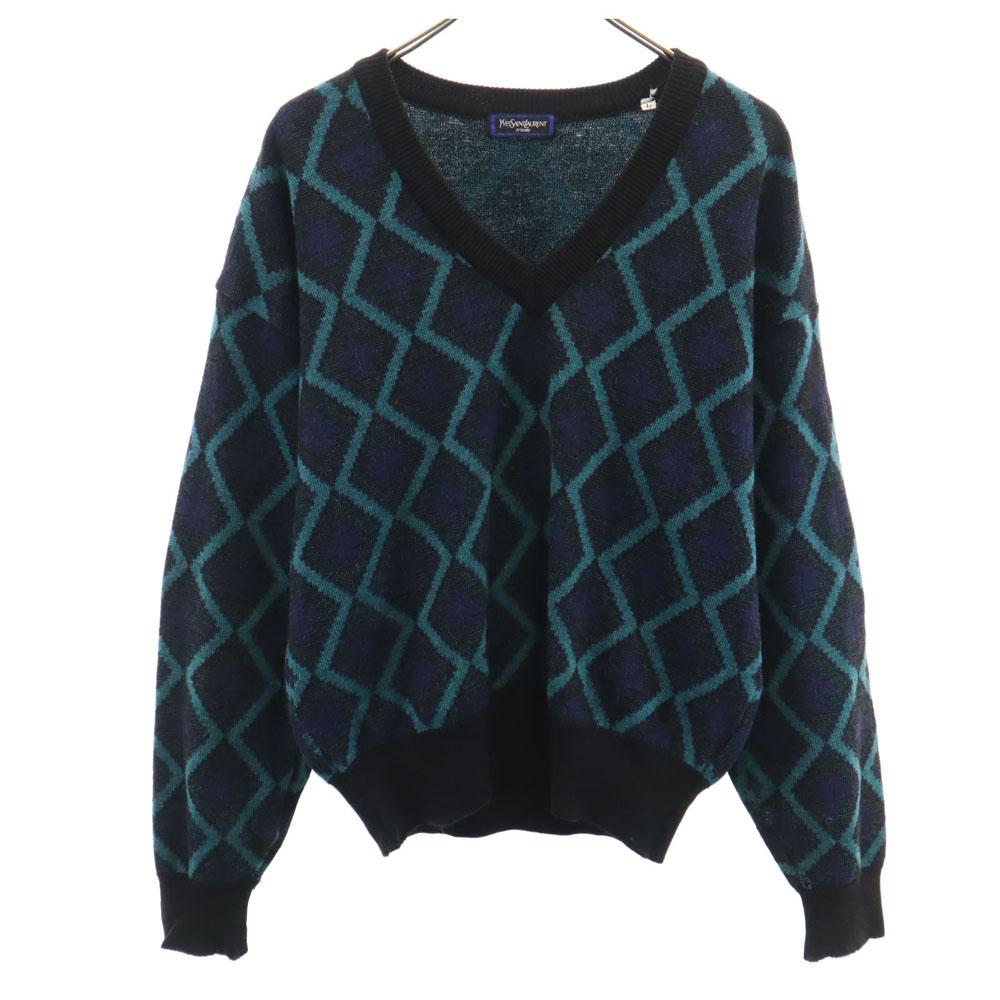 YVES SAINT LAURENT Tricots 90s Old Wool Blend Mohair Blend Argyle Pattern Long Sleeve V Neck Sweater Men's Used
