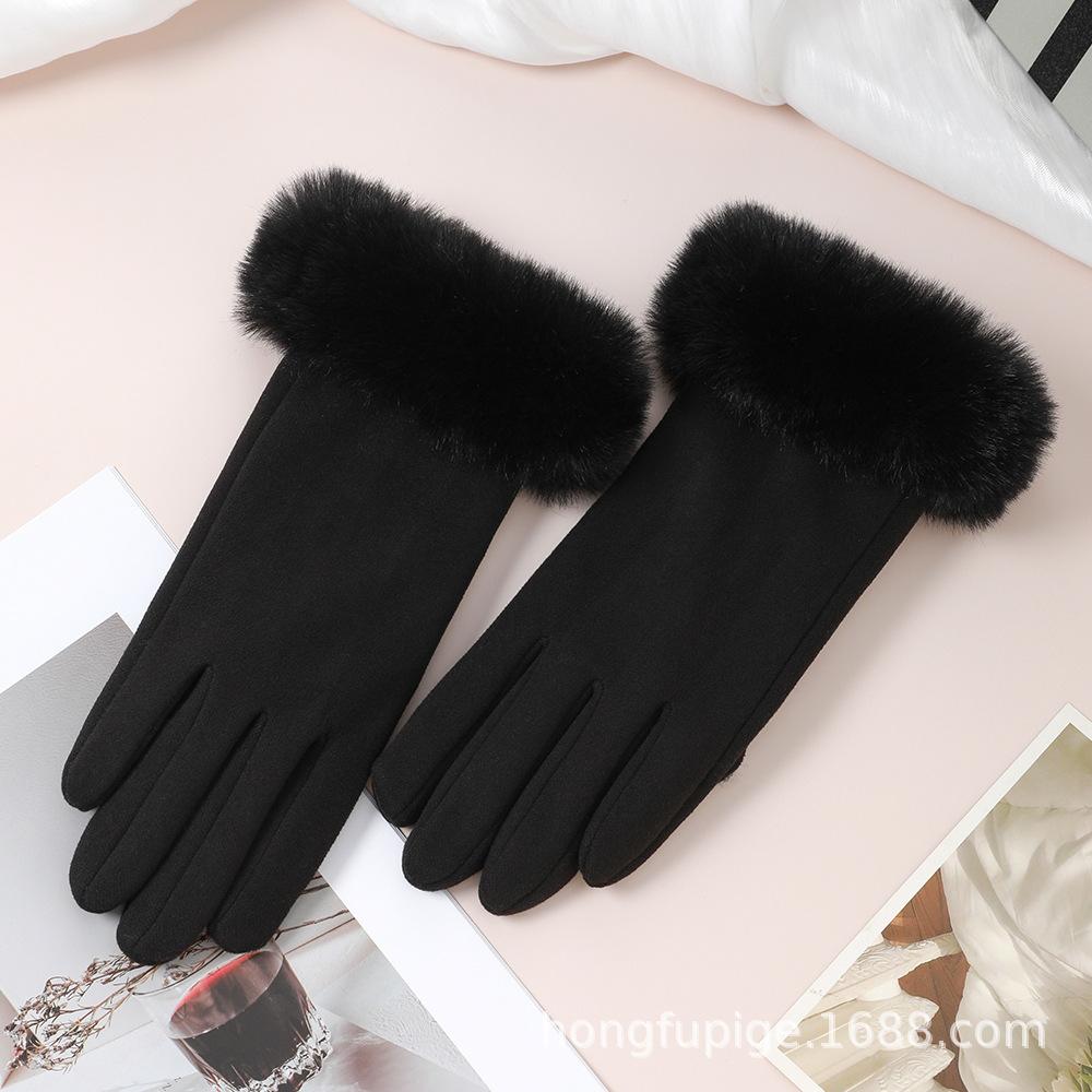 Warm Gloves for Women In Autumn and Winter Outdoor Riding Cold Proof Thickened Plush Velvet Cute Bow Develvet Touch Screen Gloves