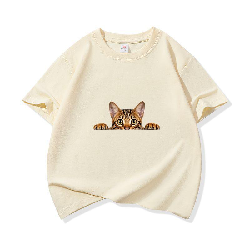 Kids Pure Cotton T Shirt Peeking Bengal Cat Print Crew Neck Short Sleeve Tee Casual Breathable Boys Girls Summer Tops