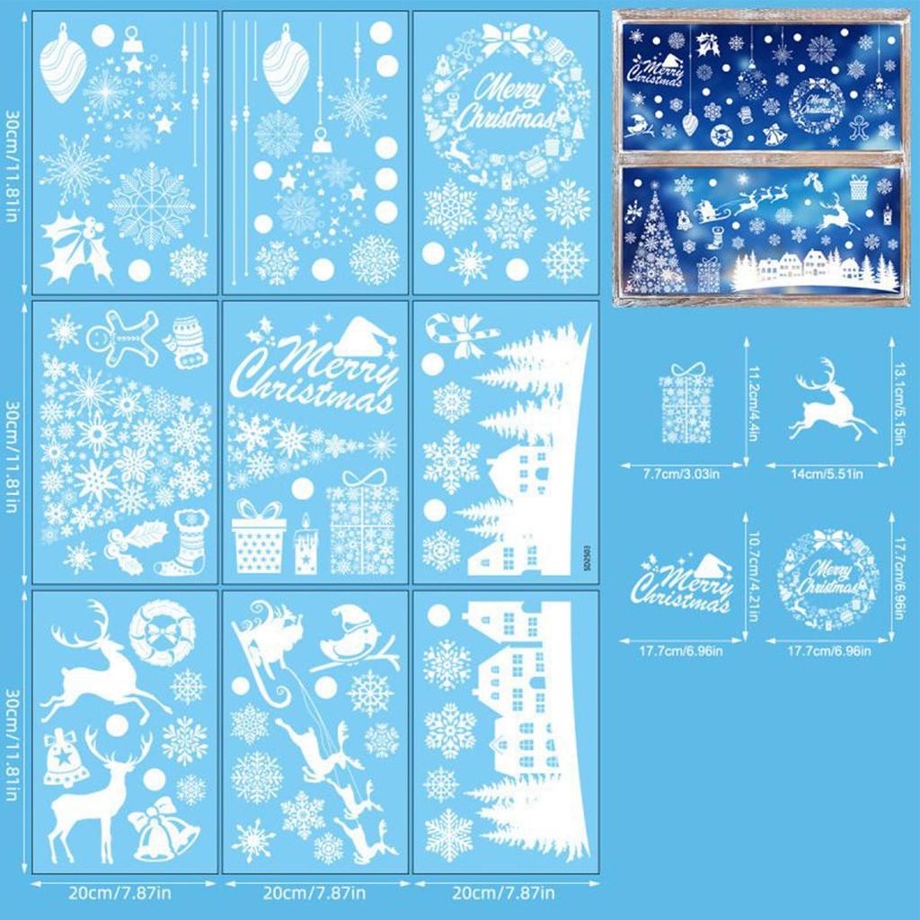Static Christmas Window Stickers 9 Pieces Removable Winter Window Clings White & Balls Christmas Village Patterns Holiday Decor