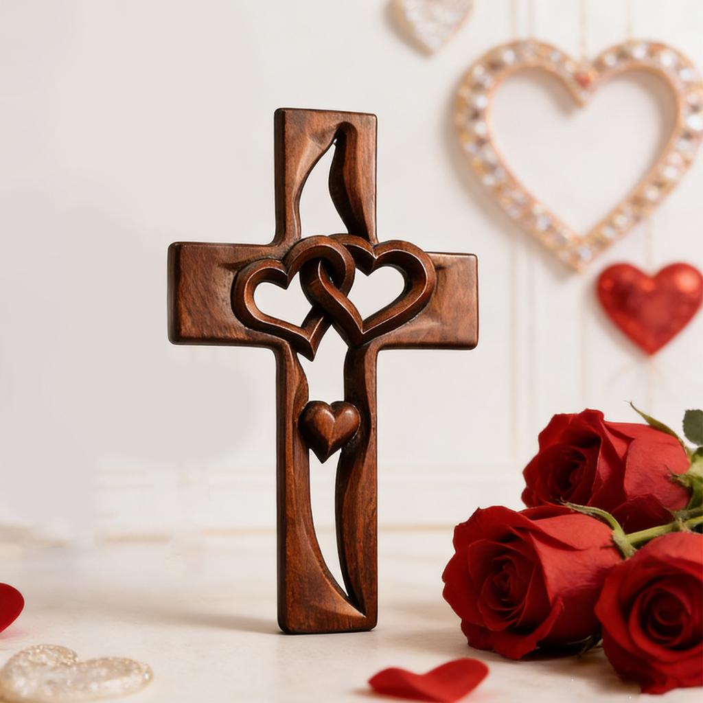 Handgefertigtes Holzkreuz in Herzform, verschlungen, handgeschnitzt, ausgeschnitten, Hochzeitskreuz, Heimdekoration für Paare, Ehepartner