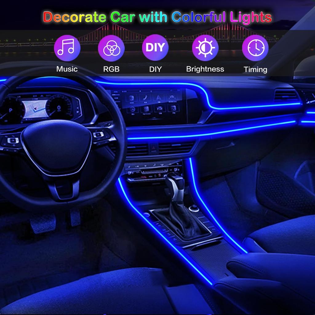 6 In 1 Car Interior Ambient LED Light Kit RGB Strip Lights with Fiber Optic Tube APP and Remote Control Neon Mood Sync Lighting