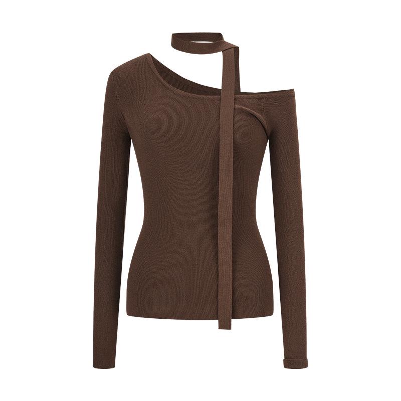 2025 Off-Shoulder Wool Knit Slim-Fit Asymmetrical Top - Sexy, Long-Sleeved, Waist-Cinching for Women Small (S)