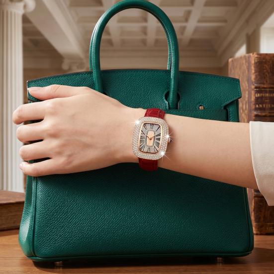 Women Vintage Petite Bracelet Dainty Watch Small Square Analog Quartz Watch Luxury Ladies Adjustable Leather Strap Rhinestones Wristwatch for Women