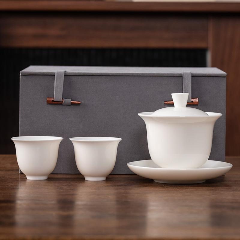 Hover Cover Bowl Suet Jade Porcelain White Porcelain High-end Three Talents Brewing Tea Bowl One Pot Two Cups Gift Box Light Luxury Boutique Tea Set