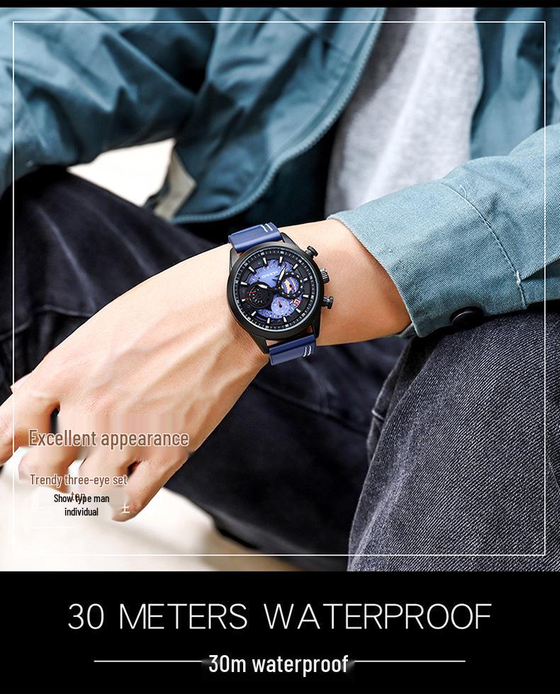 Sanda Cool Large Dial Six-Needle Waterproof Men's Watch with Genuine Leather Strap - Trendy and Fashionable Design.