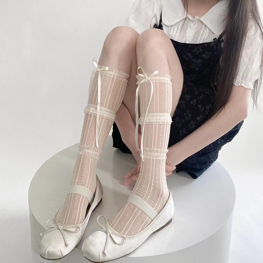 Women's Summer Spring Bow Lace Breathable Socks Black Sexy Stocking Sweet Lolita Knee High Socks Girls Gift Medias Kawaii