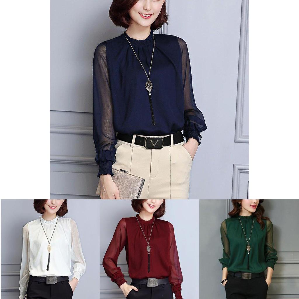 Womens Spring Chiffon Shirt With Lace Vneck And Long Sleeves For Casual Daily Wear