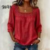Skin-friendly Fabric Shirt Women Square Collar 3/4 Sleeve Pure Color Casual Loose Fit Tops Blouse Lace Splicing Summer Breathable