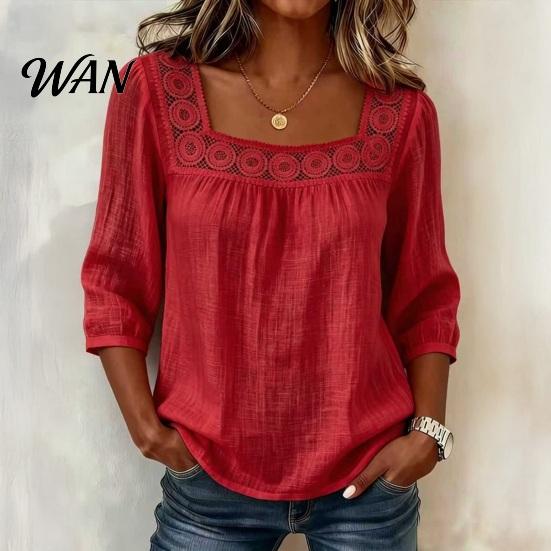 Skin-friendly Fabric Shirt Women Square Collar 3/4 Sleeve Pure Color Casual Loose Fit Tops Blouse Lace Splicing Summer Breathable