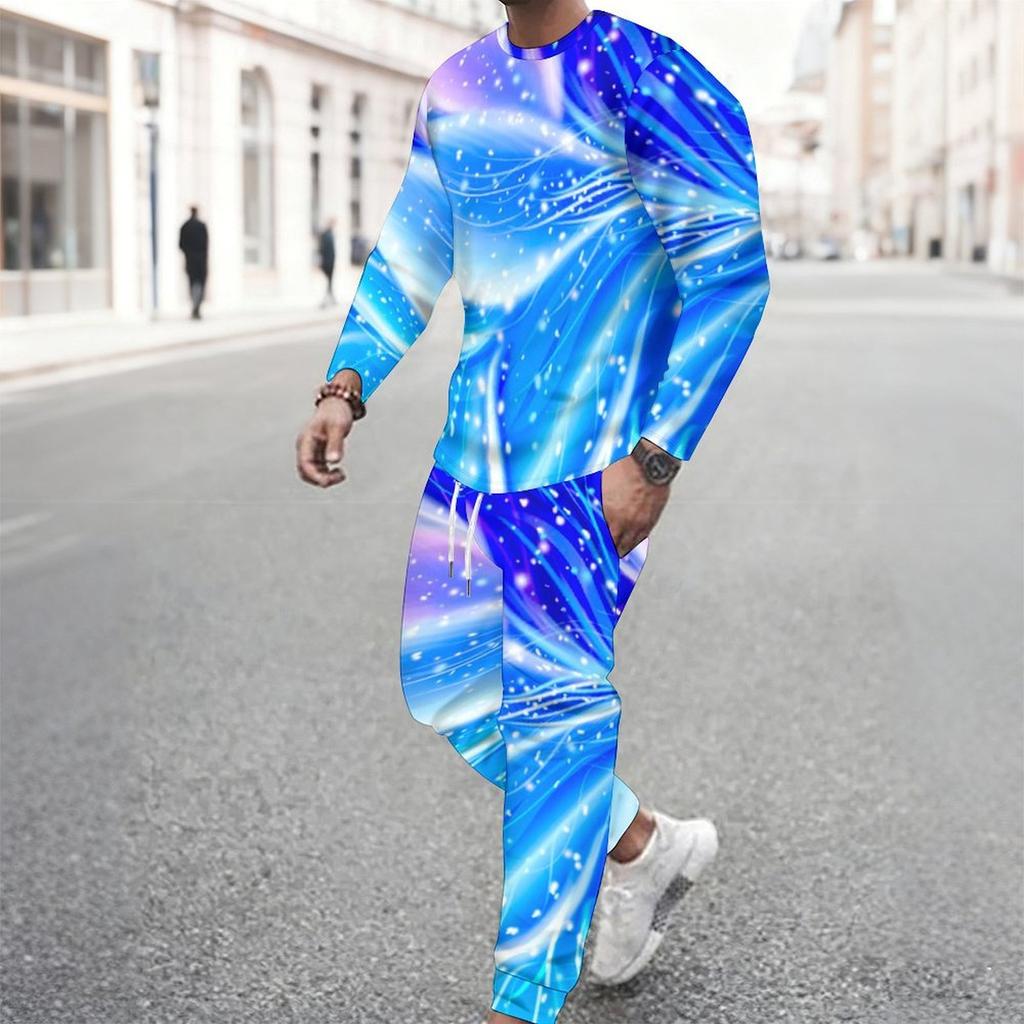 Men Rainbow Multicolor Swirl Tie Dye Style Print Long Sleeve Sweatshirt Jogger Pants Two Piece Suit