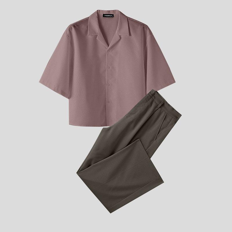 INCERUN 2PCS Men Lapel Neck Short Sleeve Shirt Long Straight Pants Sets Two Pieces Outfits