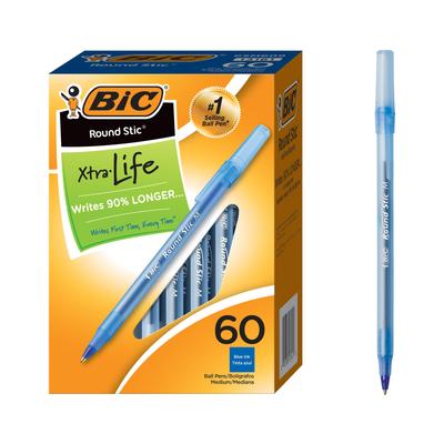 Stylo à bille BIC Round Stick Extra Life Moyen, (1,0 mm), Bleu, Pack de 60 (GSM609-Bleu)