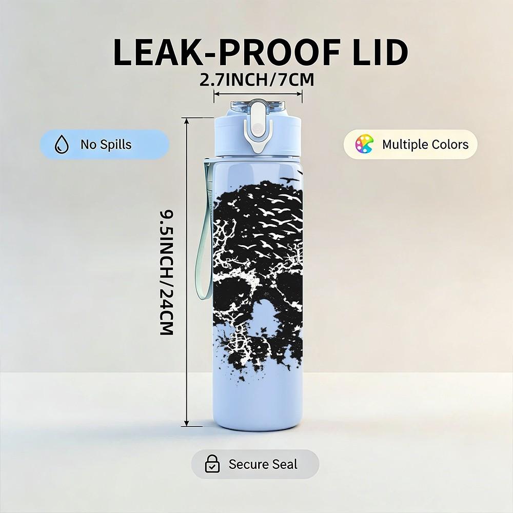 1PC Detailed Monochrome Skull Art Print 750ml Color Plastic Sports Water Bottle Leakproof Flip Straw Lid Suitable for Sports Office Home Use