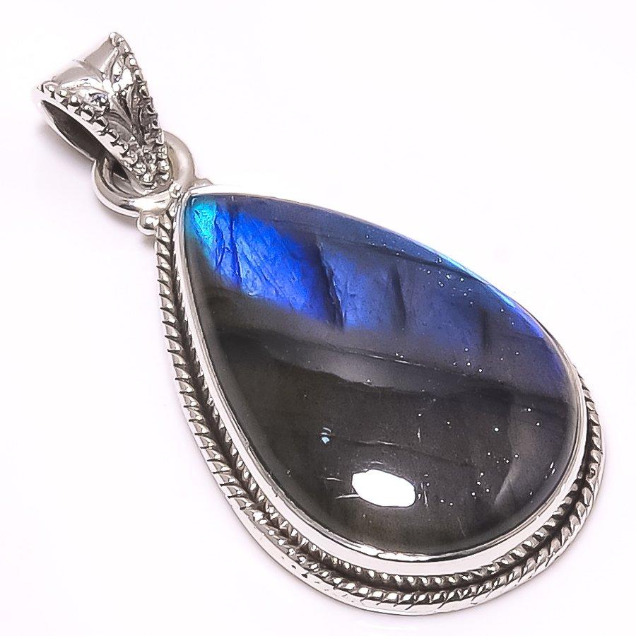 Natural Labradorite Gemstone 925 Solid Sterling Silver Gift Pendant 1.46" o9U80