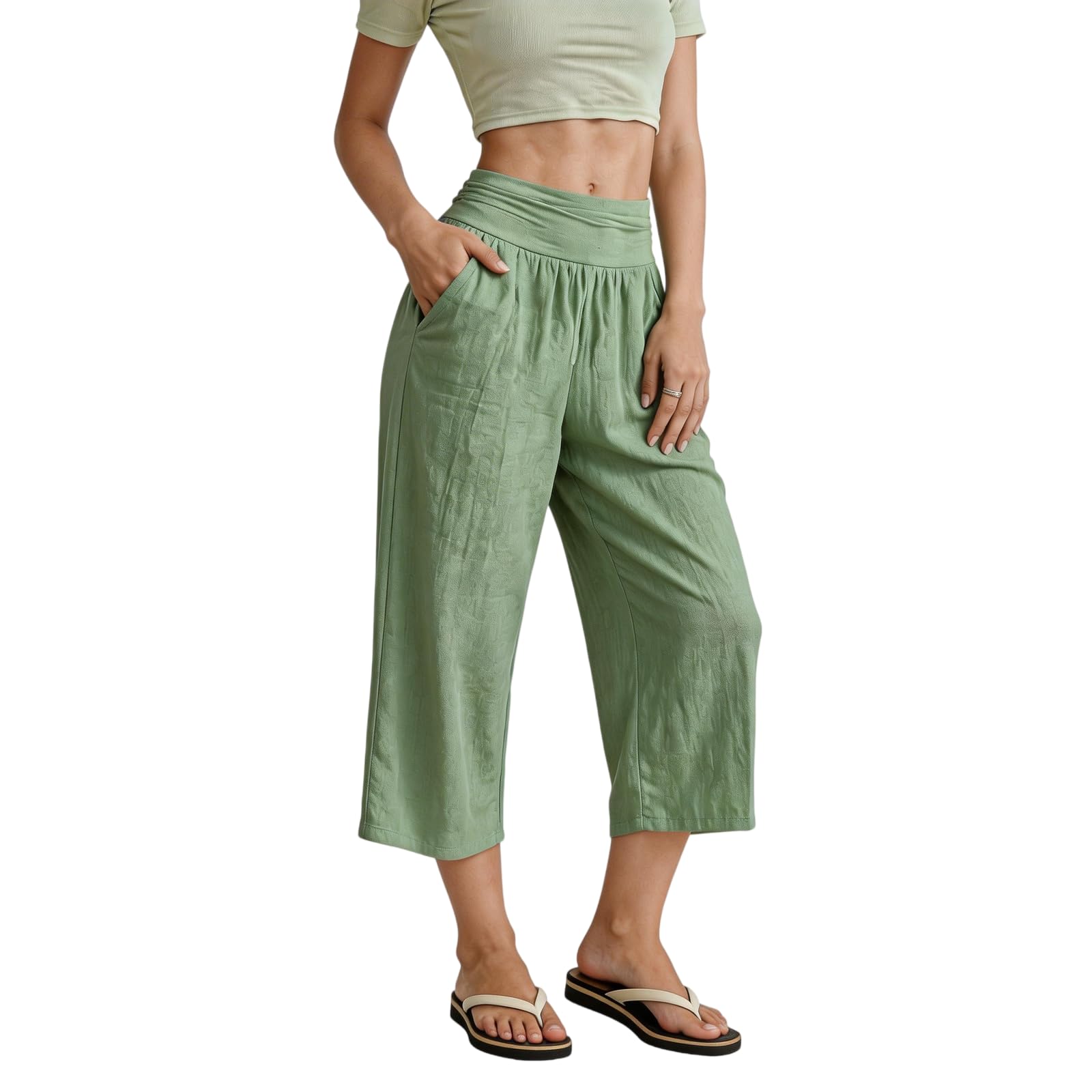 

High Waist Wide Leg Pants Women Linen Flared Trousers Casual Loose Fit Cropped Pants with Elastic Waistband and Side Pockets M зелений