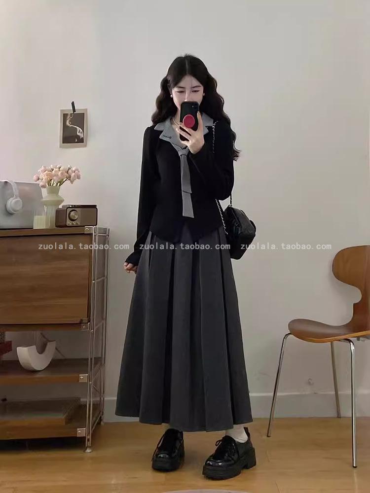 Stylish Korean Plus Size Autumn Set: Faux Two-Piece Top & Pleated Skirt - Age-Defying Fashion for Women