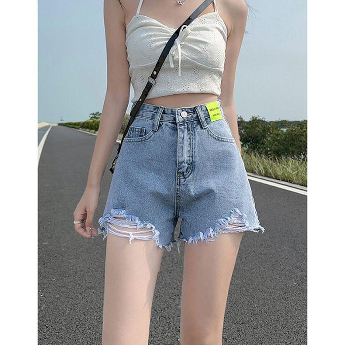 

Рваные джинсовые шорты А-силуэта для женщин, летние, новые, тонкие, с высокой талией, свободные и утягивающие, широкие джинсы XXL синий