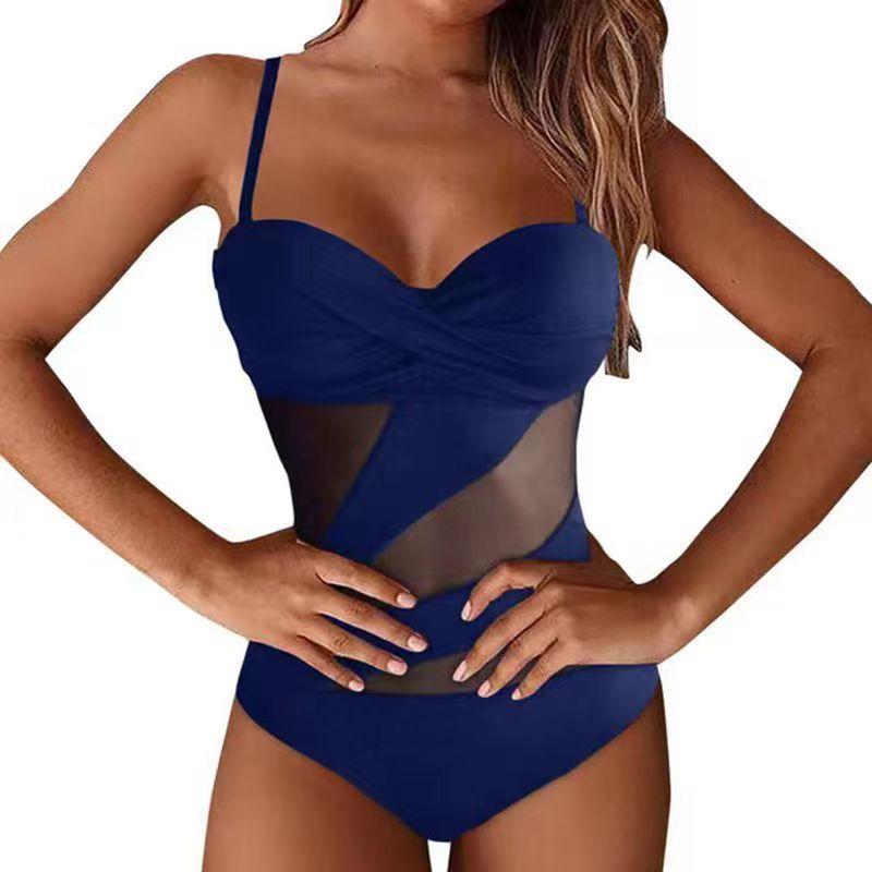 

Bikini solid color sexy mesh stitching hollow one-piece swimsuit women XL темно-синього кольору