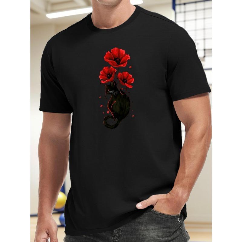 

European sizes Men S Casual Sports T-Shirt with Cat and Poppy Print, Crew Neck, Slight Stretch Knit Fabric, Regular Fit for Beach, Weekend 4XL чорний